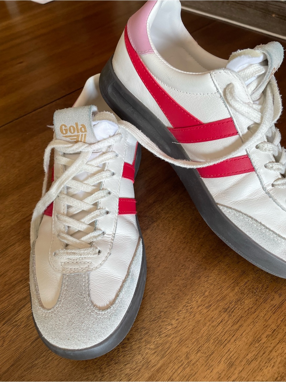 Gola White Sneakers with Pink Heel and Red Stripes